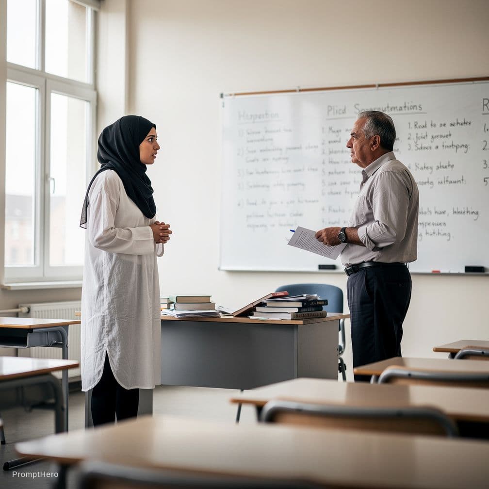 AI generated: Ragazza di 18 anni, araba, con hijab, a scuola, davanti al professore di 50 anni, implora il profess...