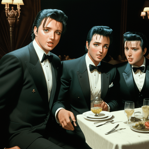 AI generated: Singer Luis Miguel sitting at a fancy restaurant dinner table with Elvis Presley and Frank Sinatra