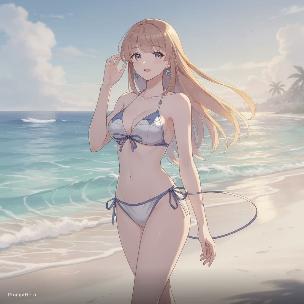 AI generated: a beautiful anime girl in a tiny bikini with very big boobs and a big ass