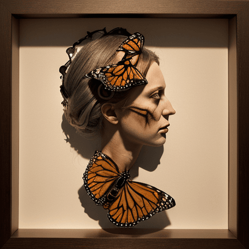 AI generated: (Surreal, photography, nature): woman fused with monarch butterfly mounted in shadowbox, volumetric ...