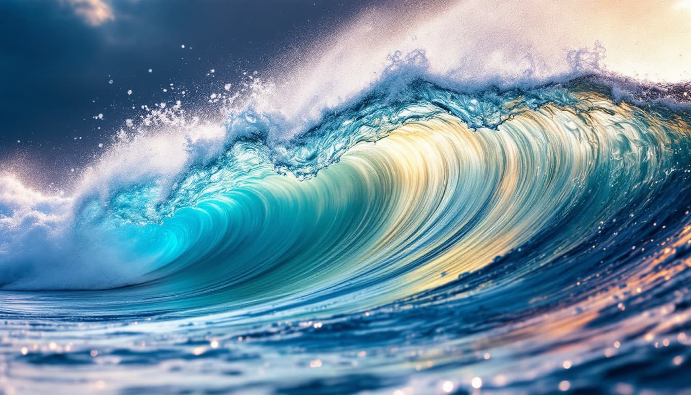 AI generated:  sea scape with giant water trees, ocean wave with sea foam, in a shape of a translucent liquid  , c...