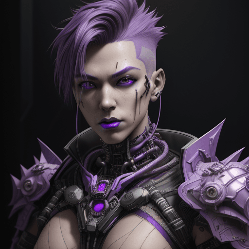 AI generated: feminine boy, Purple hair, wearing a costume, cyberpunk art, cybernetic demon, intricate assassin ar...