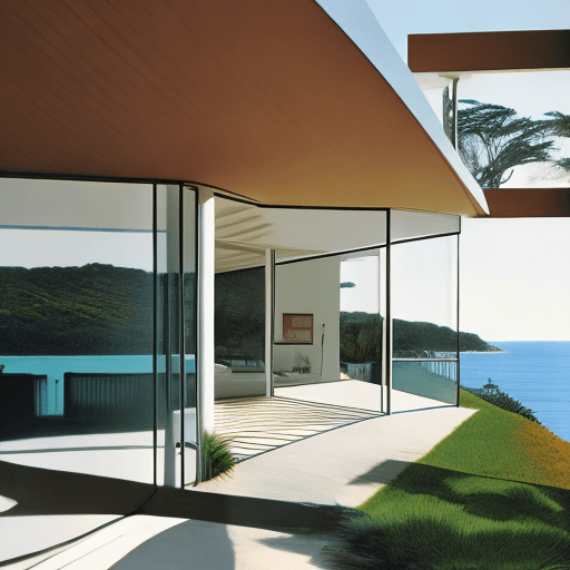 AI generated: Hyper realistic eye level exterior photo of a mid century modern style house overlooking the ocean, ...