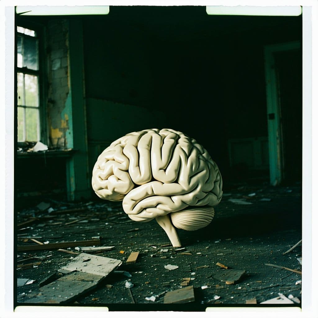 AI generated: grainy 80's photograph quality polaroid of a living brain caught in an abandoned house, dark