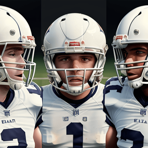 AI generated: panoramic image of American football players, wearing white helmets, looking straight into the camer...