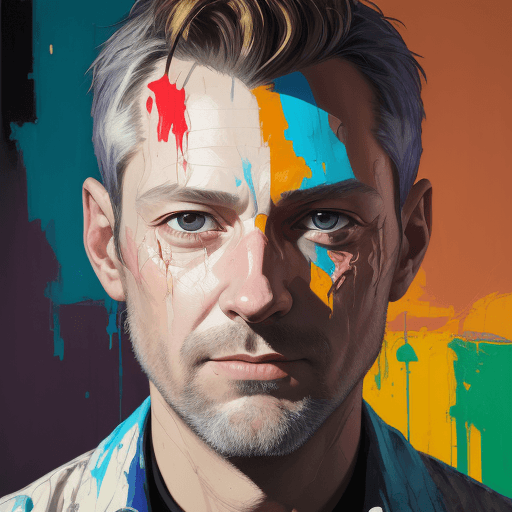 AI generated: painting on canvas of a man in his 40s in colorful tones, martin ansin style, cracks, serene faces, ...