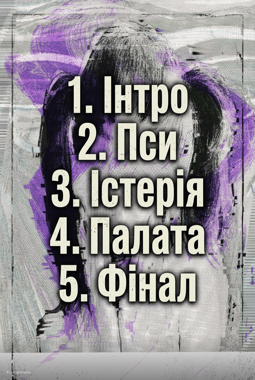 AI generated: 1. Інтро
2. Пси
3. Істерія
4. Палата
5. Фінал