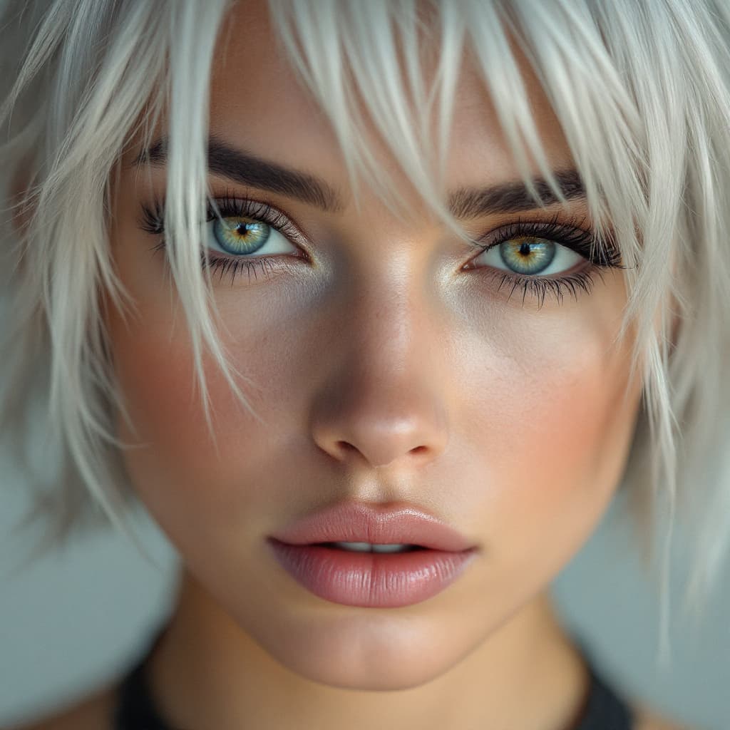 AI generated: A close-up color portrait of a very pretty woman with silver hair styled excessively short like a ma...