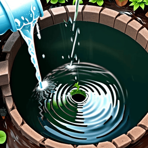 AI generated: Water pouring from a hole in the bottom of a garden bucket.


