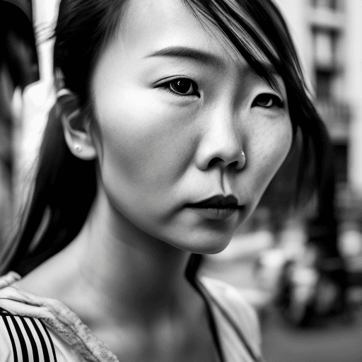 AI generated: ultra-realistic black and white photo of a beautiful Asian woman, shot on a Sony a7III, on the stree...