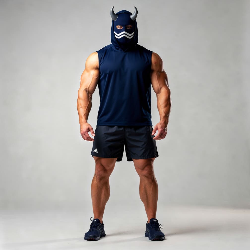 AI generated: A big muscular man wearing navy blue short shorts and a navy blue water proof sleeveless shirt and a...