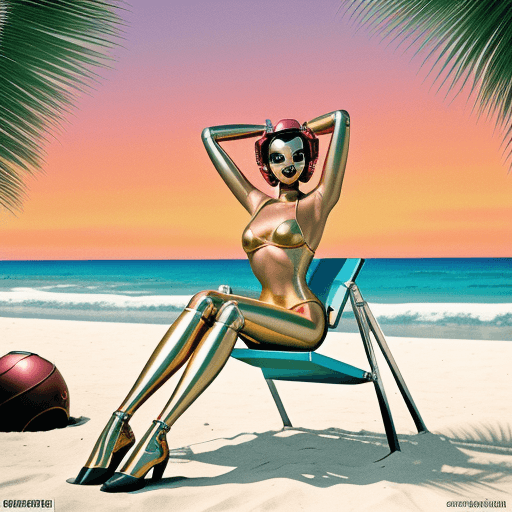 AI generated: 80s chrome and steel Retro Sunset,  golgen hot robot girl in bikini, sitting on beach chair, legs up...