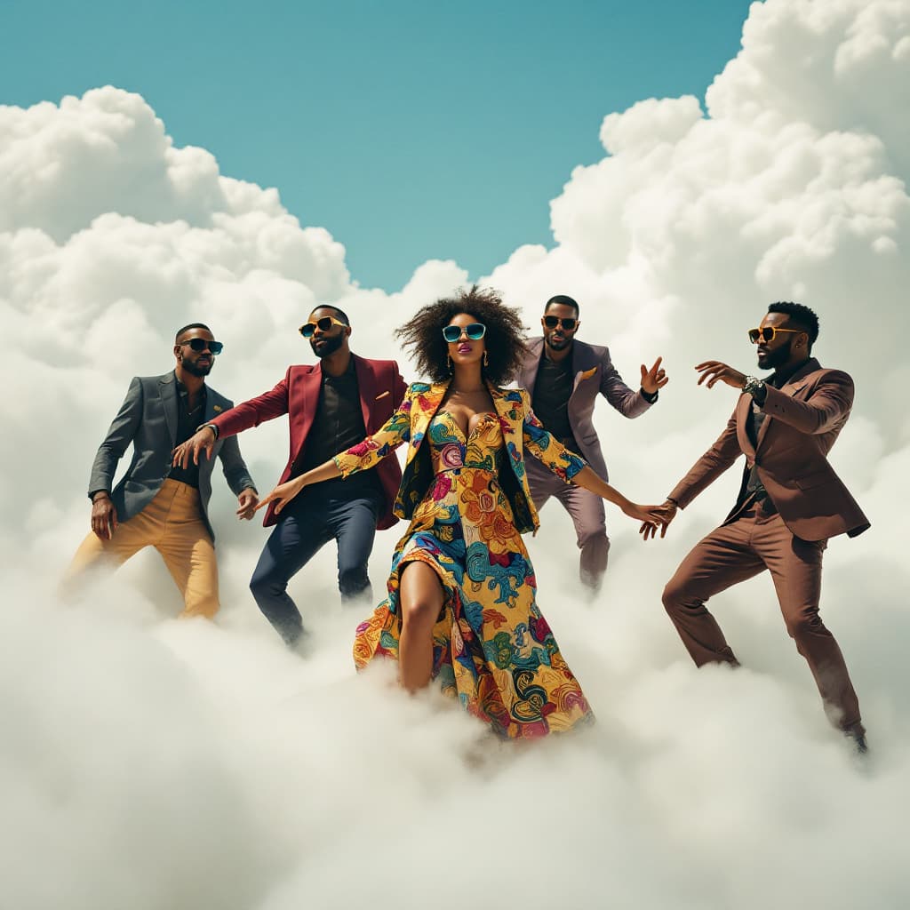 AI generated: A photo of an eccentric GROUP OF 5 BLACK MEN AND  WOMEN DANCING on top of white fluffy clouds wearin...