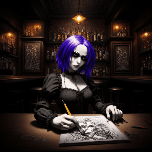 AI generated: image in gothic stop-motion technique, gothic bar, drawing, cartoon, professional artist, animation,...