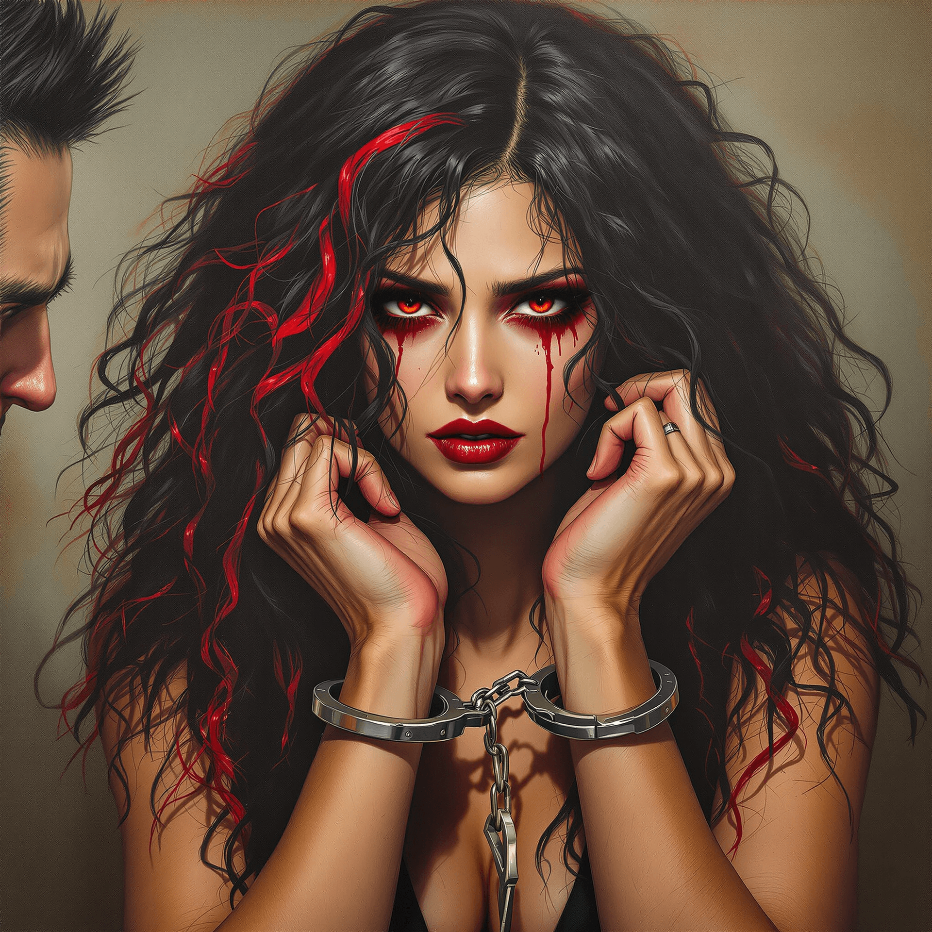 AI generated: With a mane of long, curly black and red hair cascading down her back, her piercing red eyes shine b...