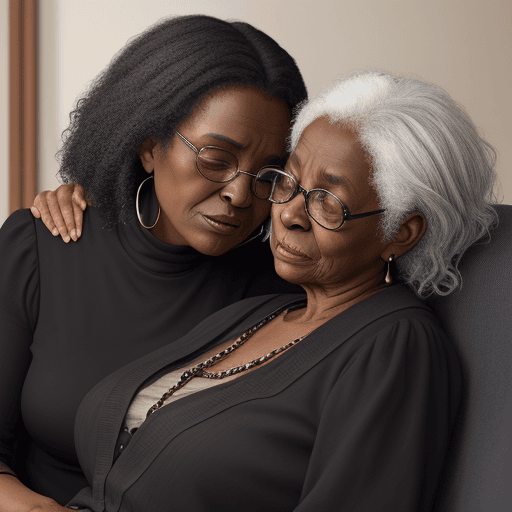 AI generated: Black old and wise woman whispering into,  a young black lady`s ear in her 20s, seated on a cosy cou...