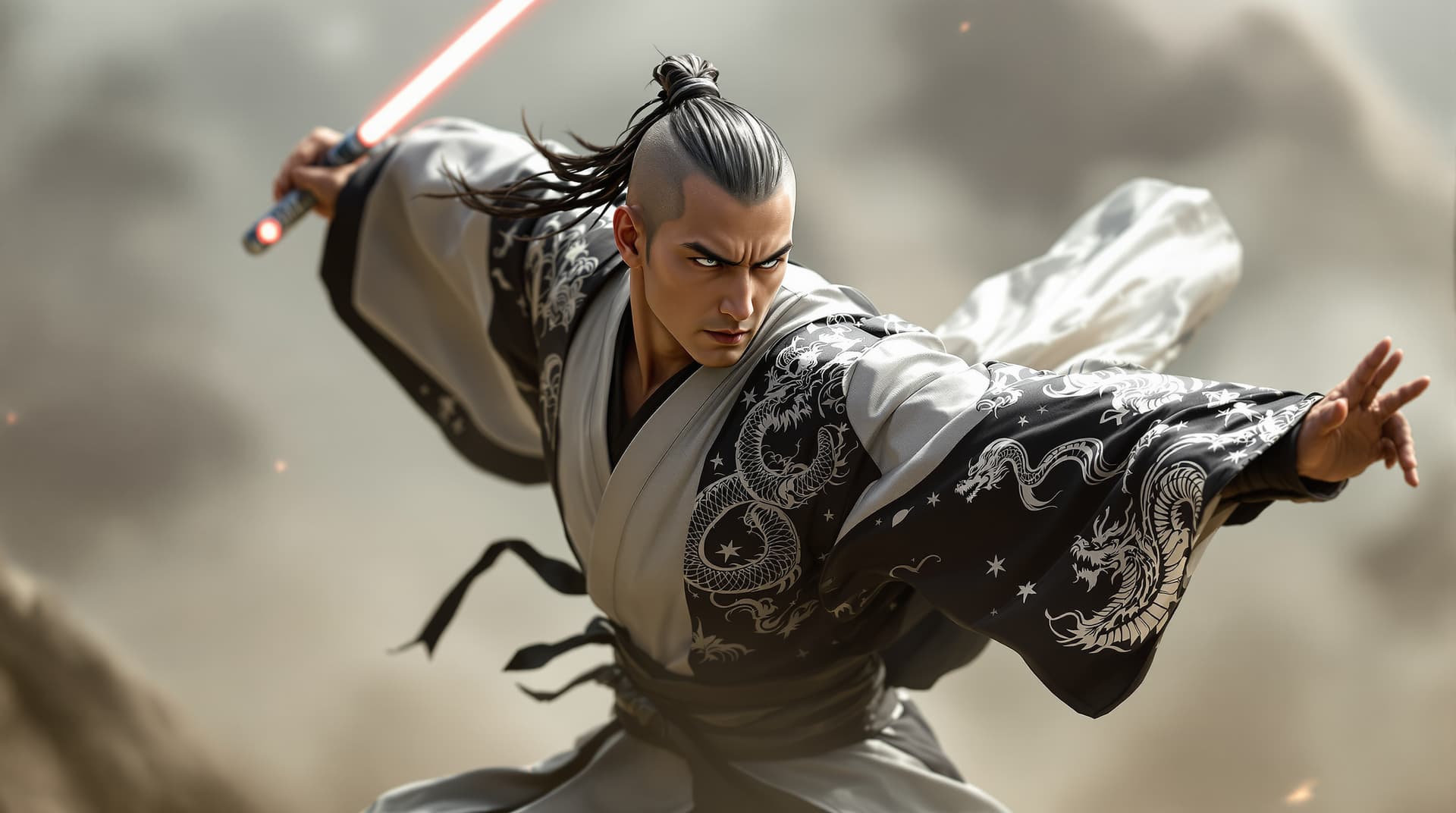 AI generated:   image is a spectacular high-resolution   Star Wars perfect cinematic portrait with a Japanese feud...