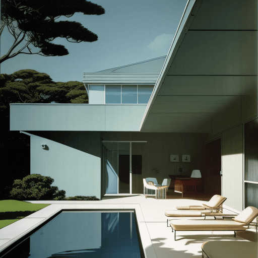 AI generated: Hyper realistic eye level exterior photo of a mid century modern style house overlooking the ocean, ...