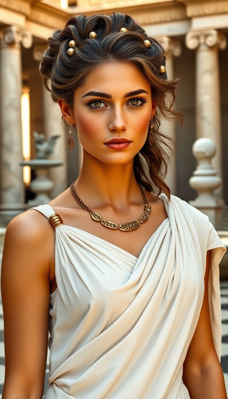 AI generated: A beautiful ancient Roman woman, embodying the classical beauty ideal of her time. She has symmetric...