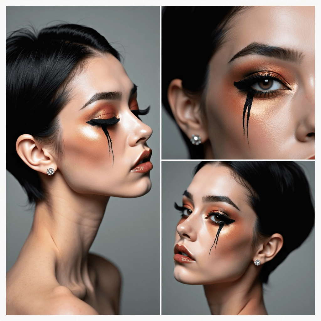 AI generated: Generate a composite image with three panels focusing on a person's face and dramatic eye makeup. To...