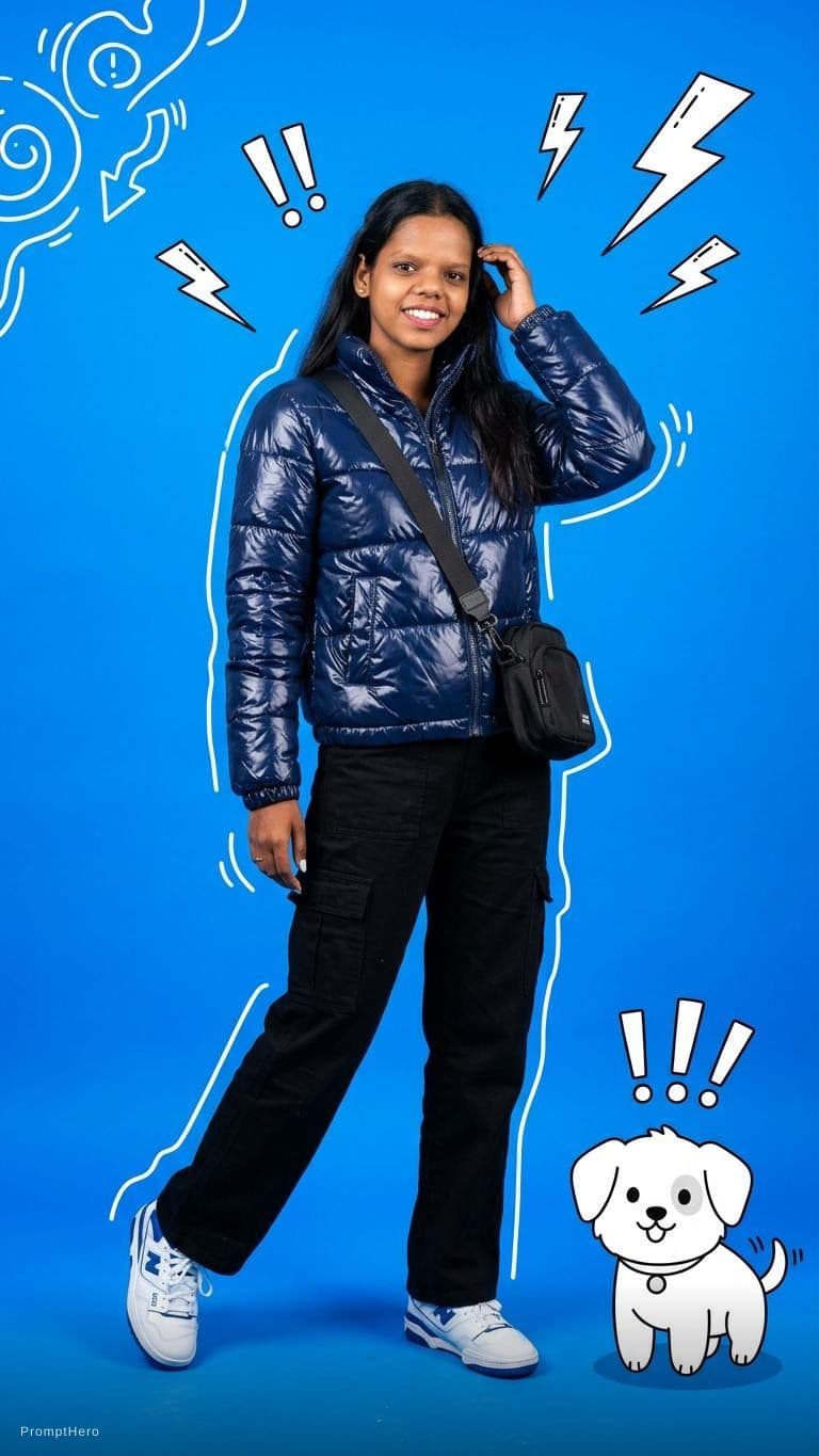 AI generated: A full-body fashion editorial scene against a vibrant electric-blue studio background with layered g...