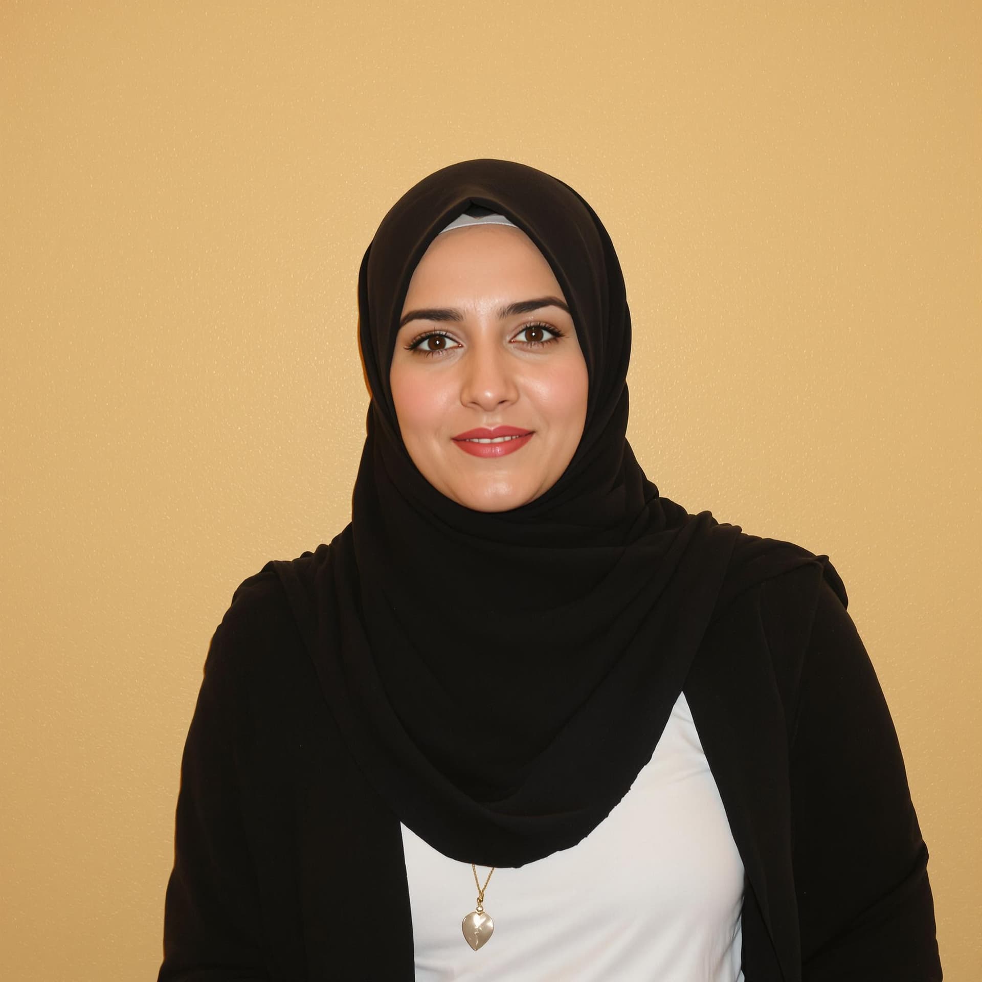 AI generated:  Arab woman 30 posing against a warm beige backdrop.