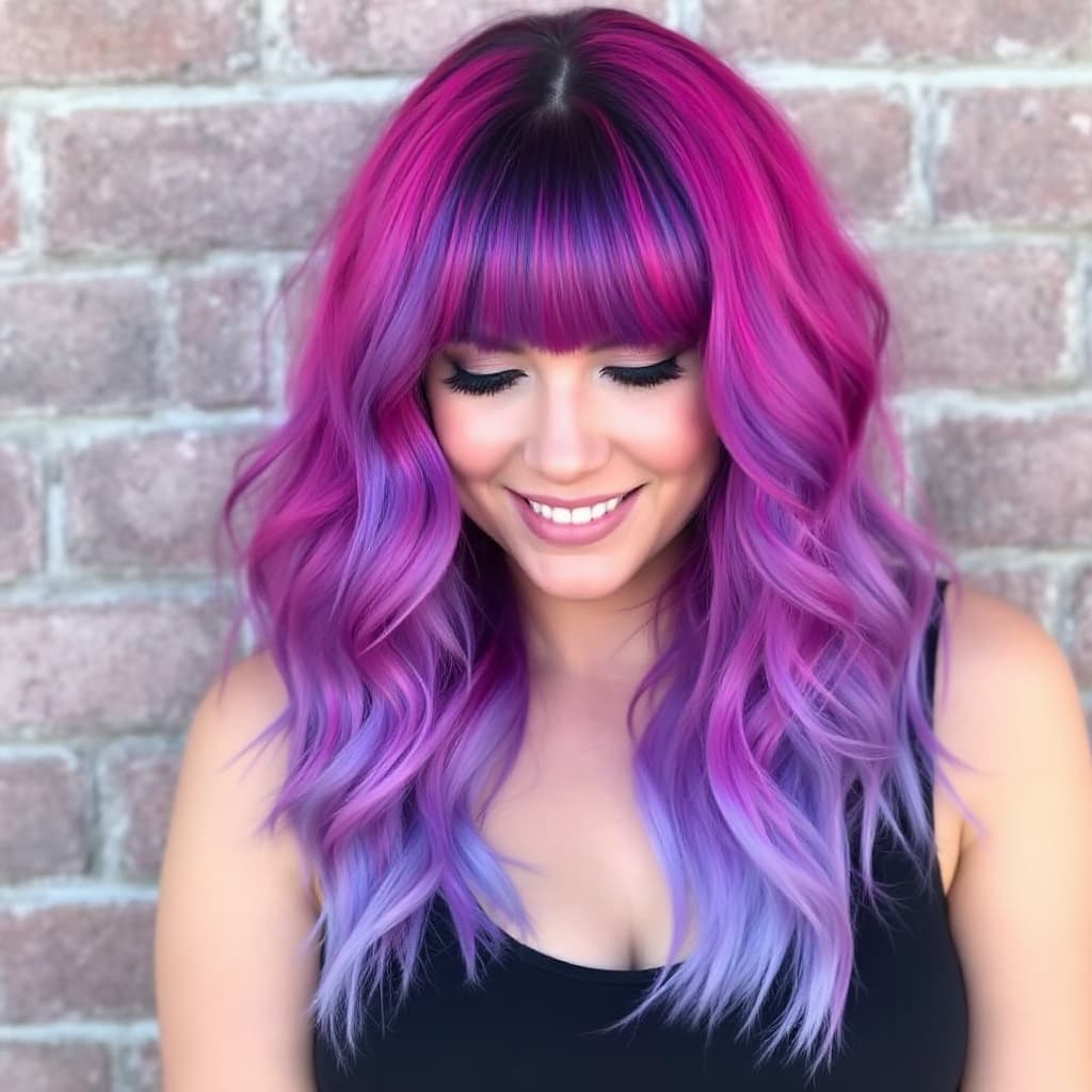 AI generated: High contrast rich bright intense magenta color balayage ombre long women hair brown to bright with ...