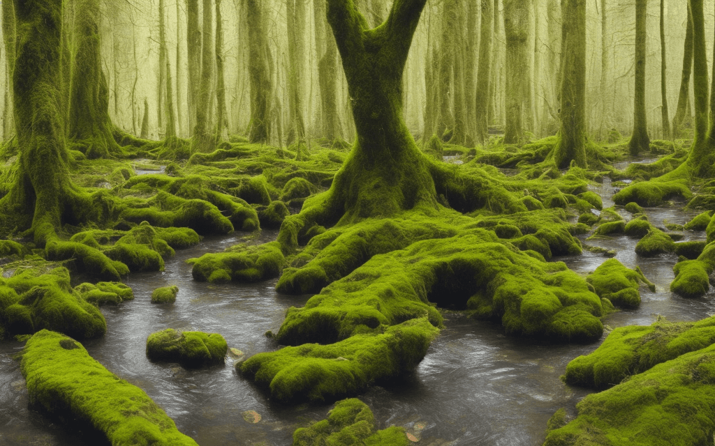 AI generated: A very old European, primeval forest with a small river in the middle. Moss is growing on stones and...