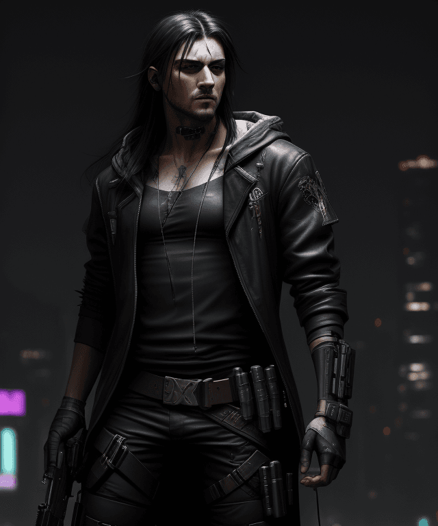 AI generated: Cyberpunk, robin hood, revolver, stylish,  dark clothes, black long hair, male, kapiszon, high resol...