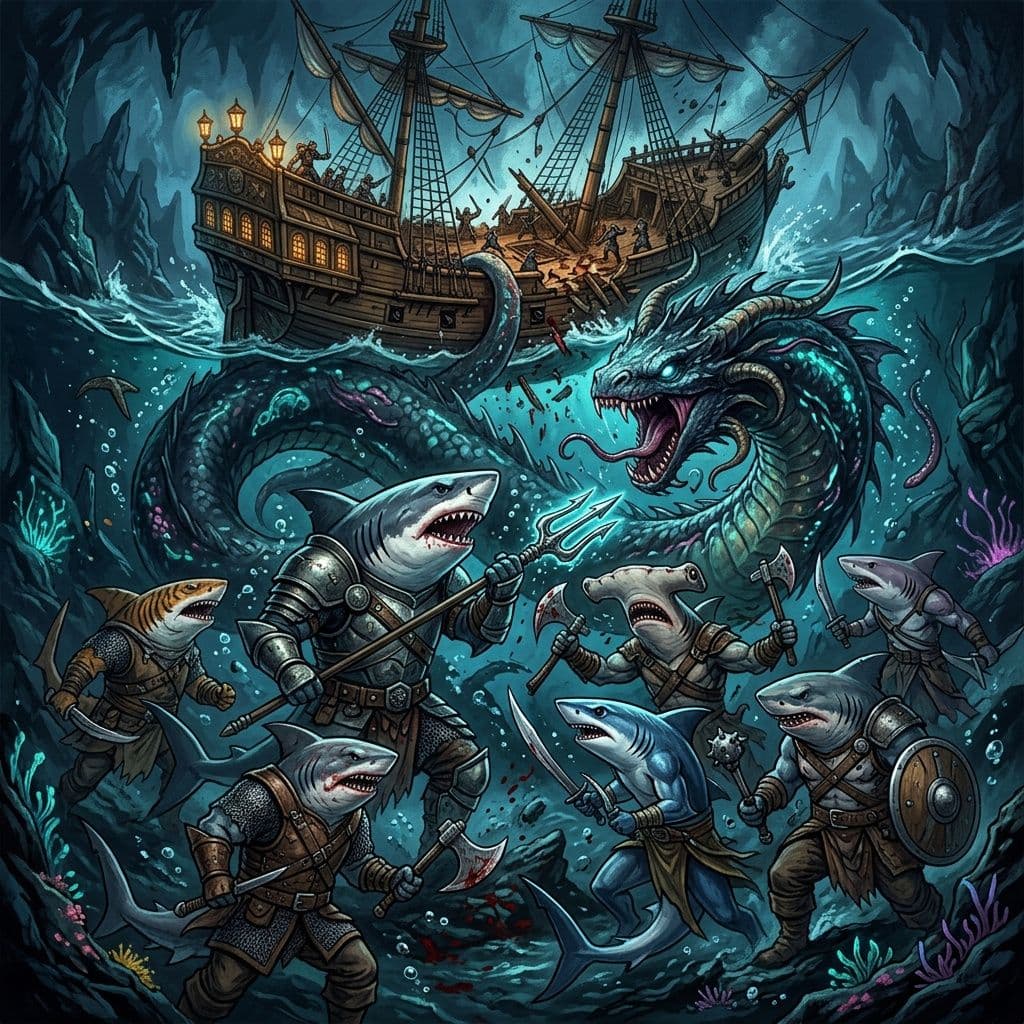 AI generated: a large group of different types of anthropomorphic sharks fighting a giant leviathan as it tries to...