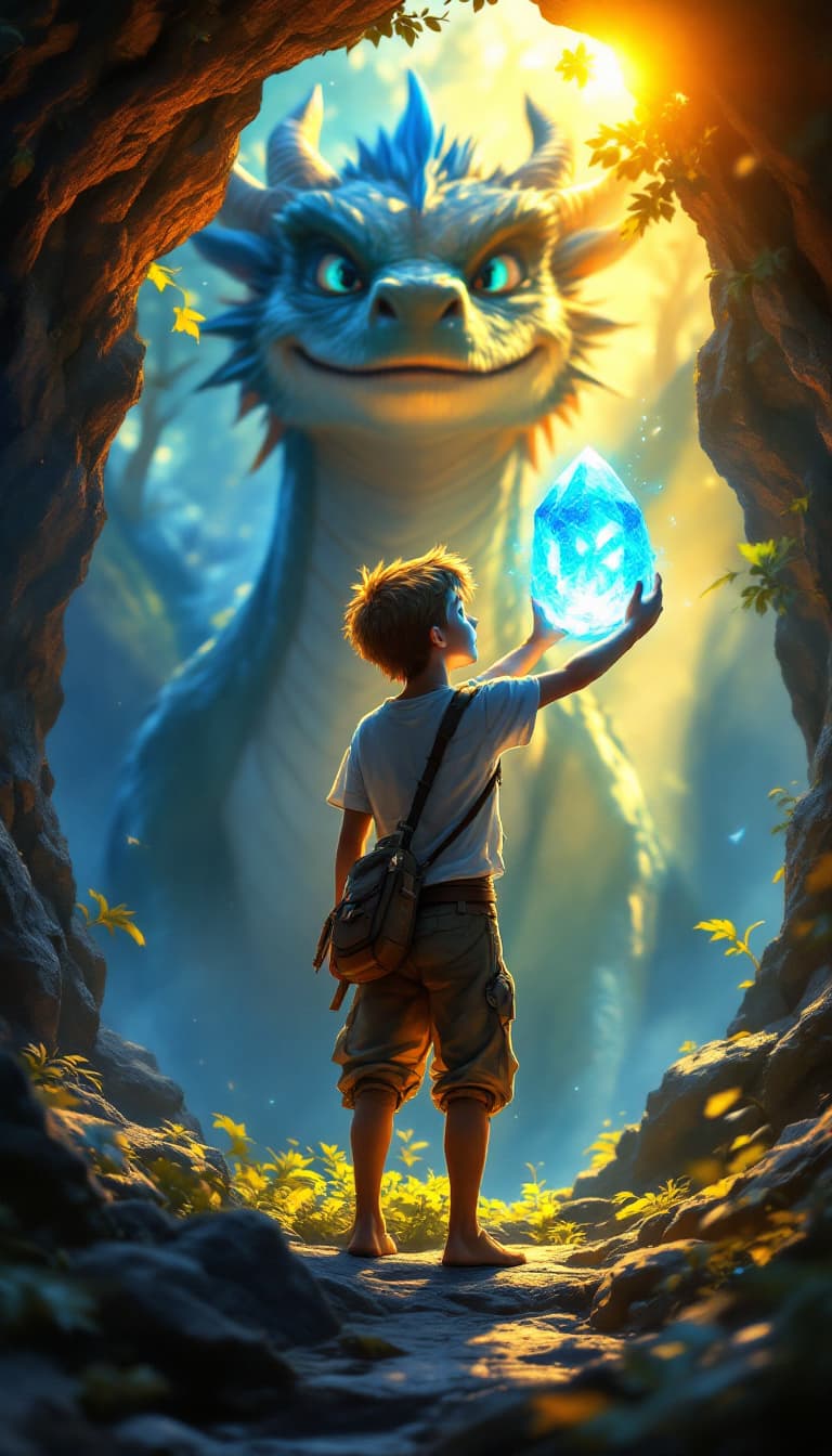 AI generated: "The boy triumphantly holds the glowing blue crystal in his hands, standing at the mouth of the cave...
