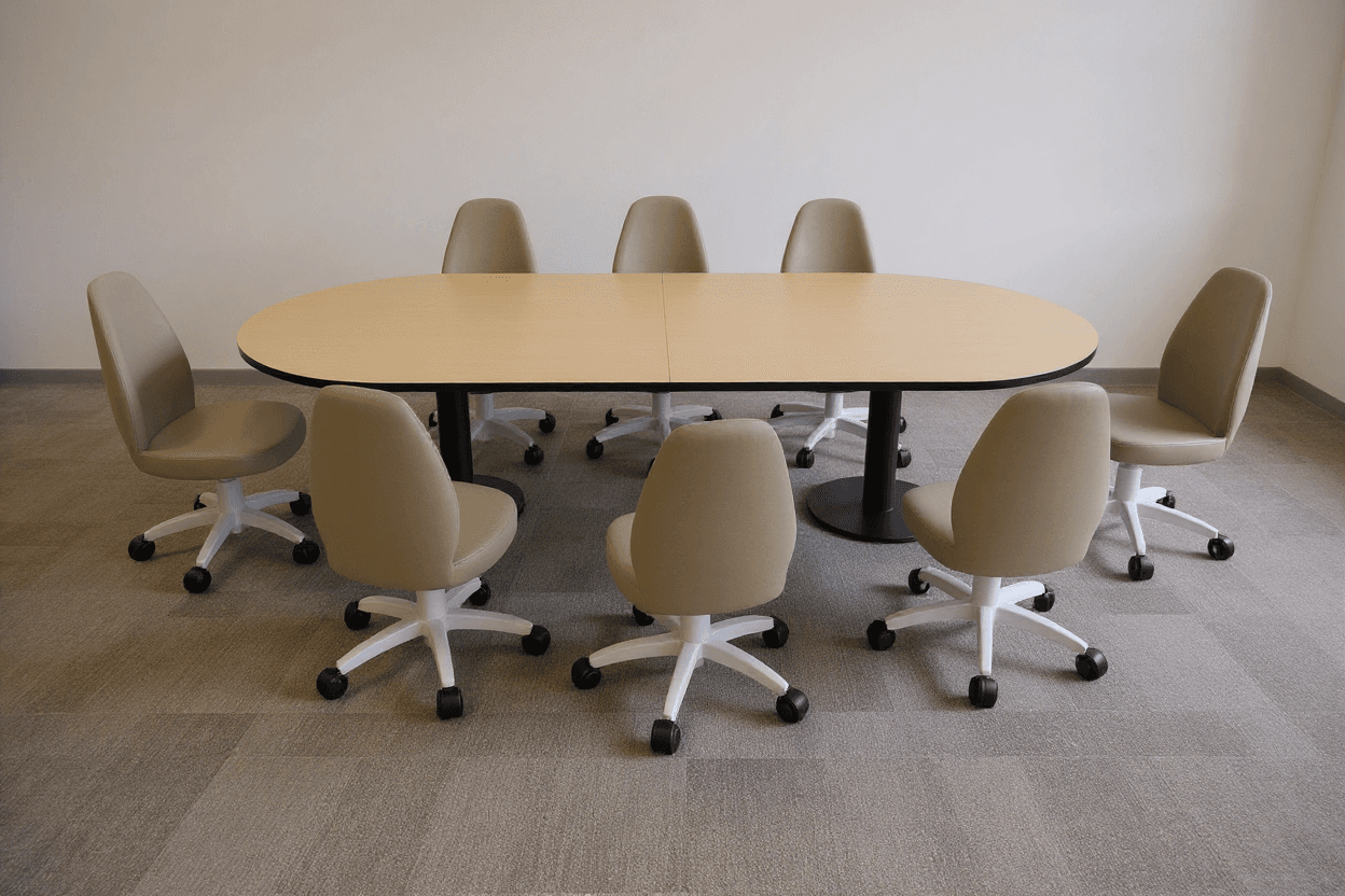 AI generated: Recreate this render as a photorealistic image. It’s a meeting table for 8 people, with a base made ...