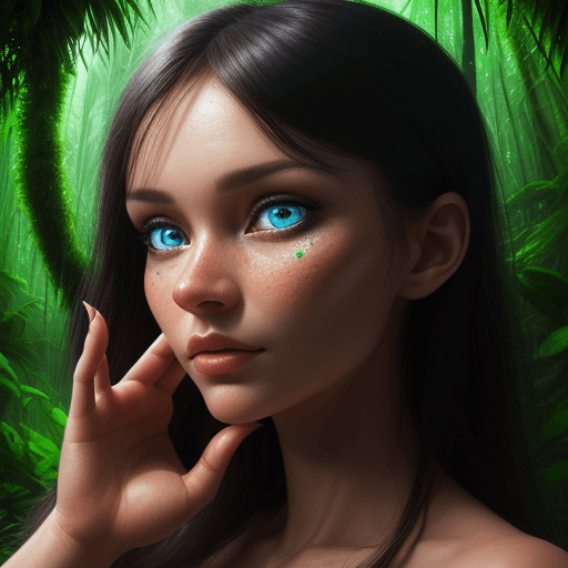 AI generated: Extremely detailed close up photo of a woman standing above a rainforest, her eyes vibrant with a ot...