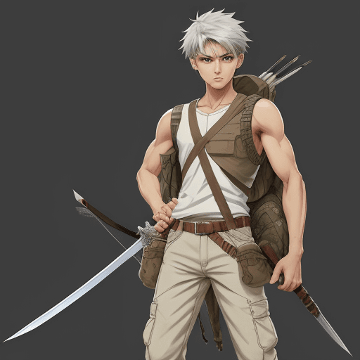 AI generated: game 2d art, imagen of a young man with ligth gray hair, 16 years old, brown eyes, white tank top, w...