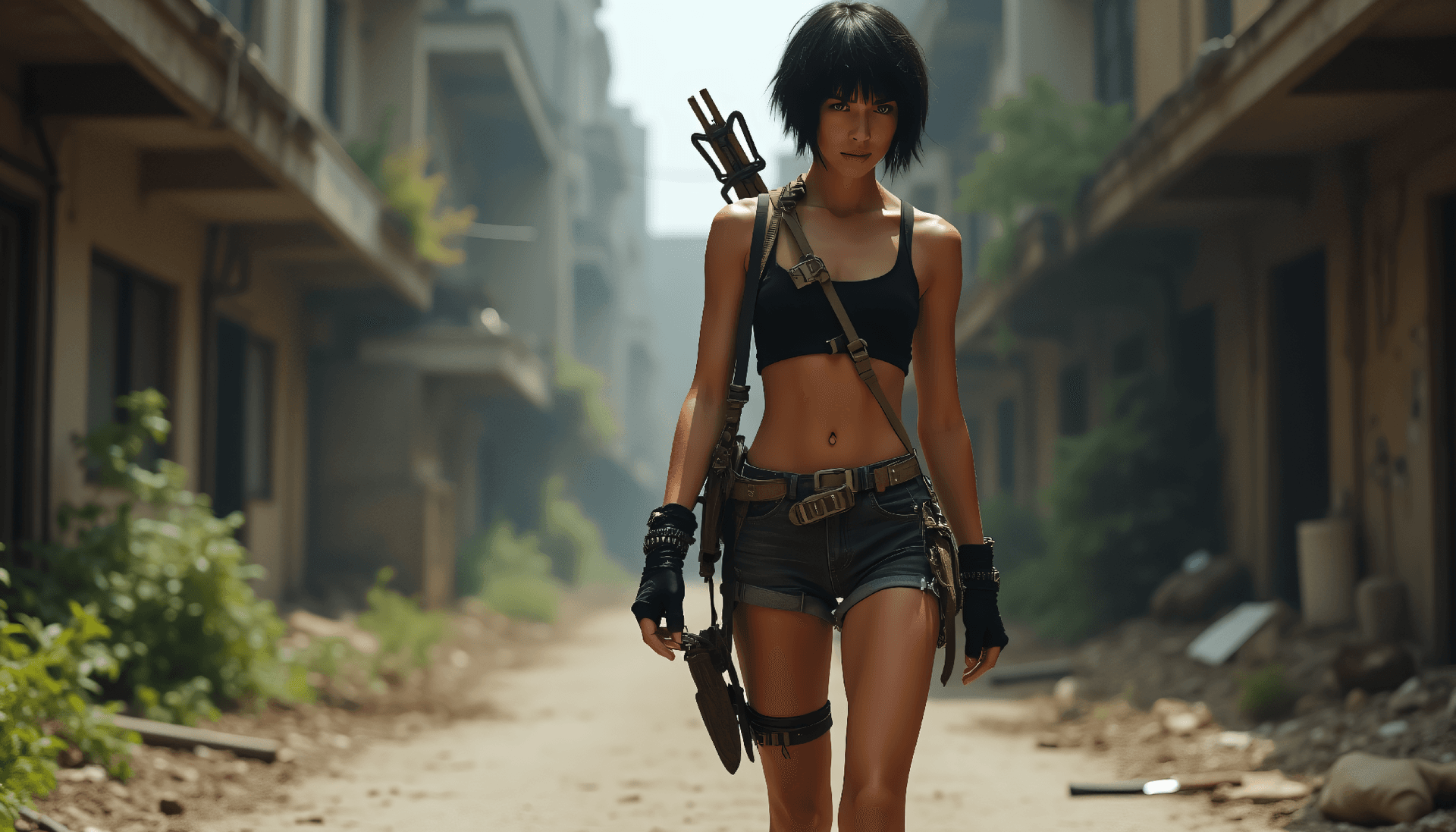 AI generated: A 24-year-old woman with short black choppy hair and side-swept bangs, walking through a dystopian d...