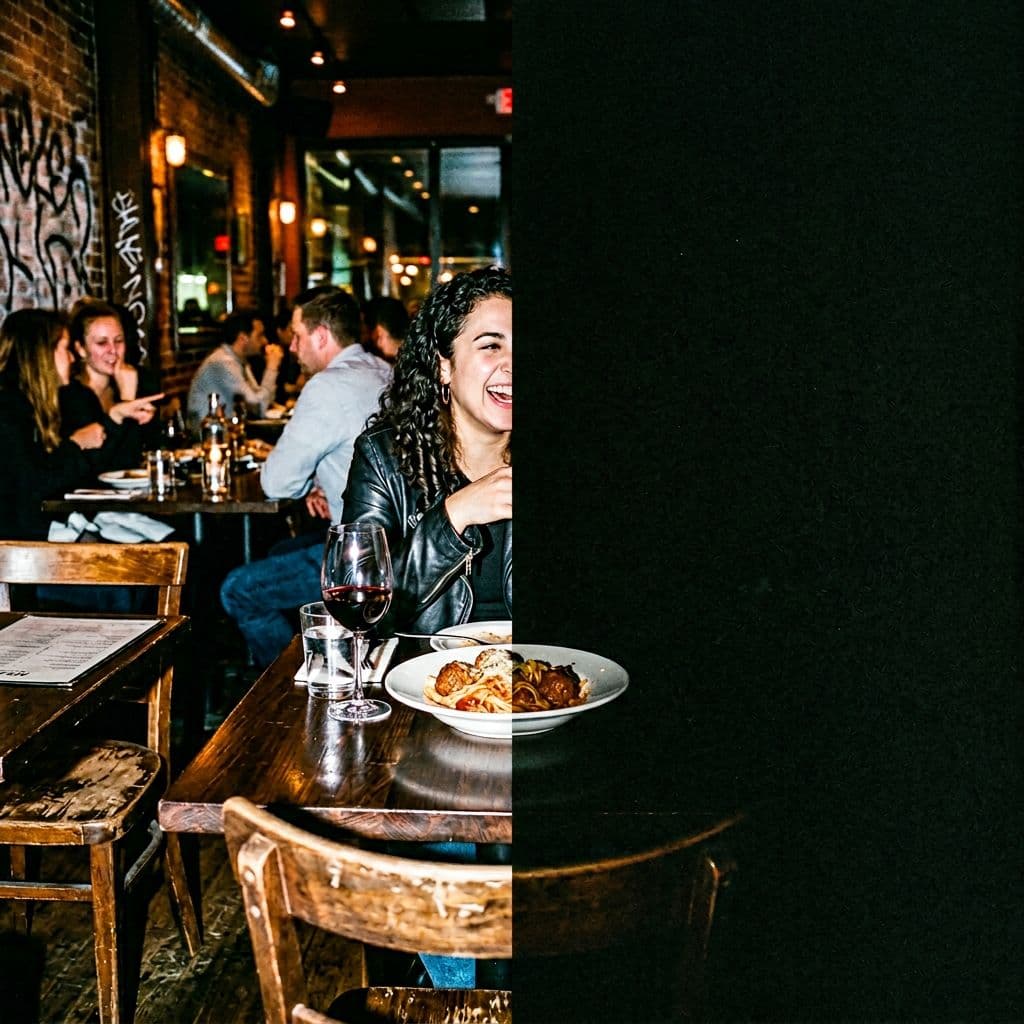 AI generated: restaurant interior with tables and chairs, photographed with harsh direct flash, urban nightlife re...