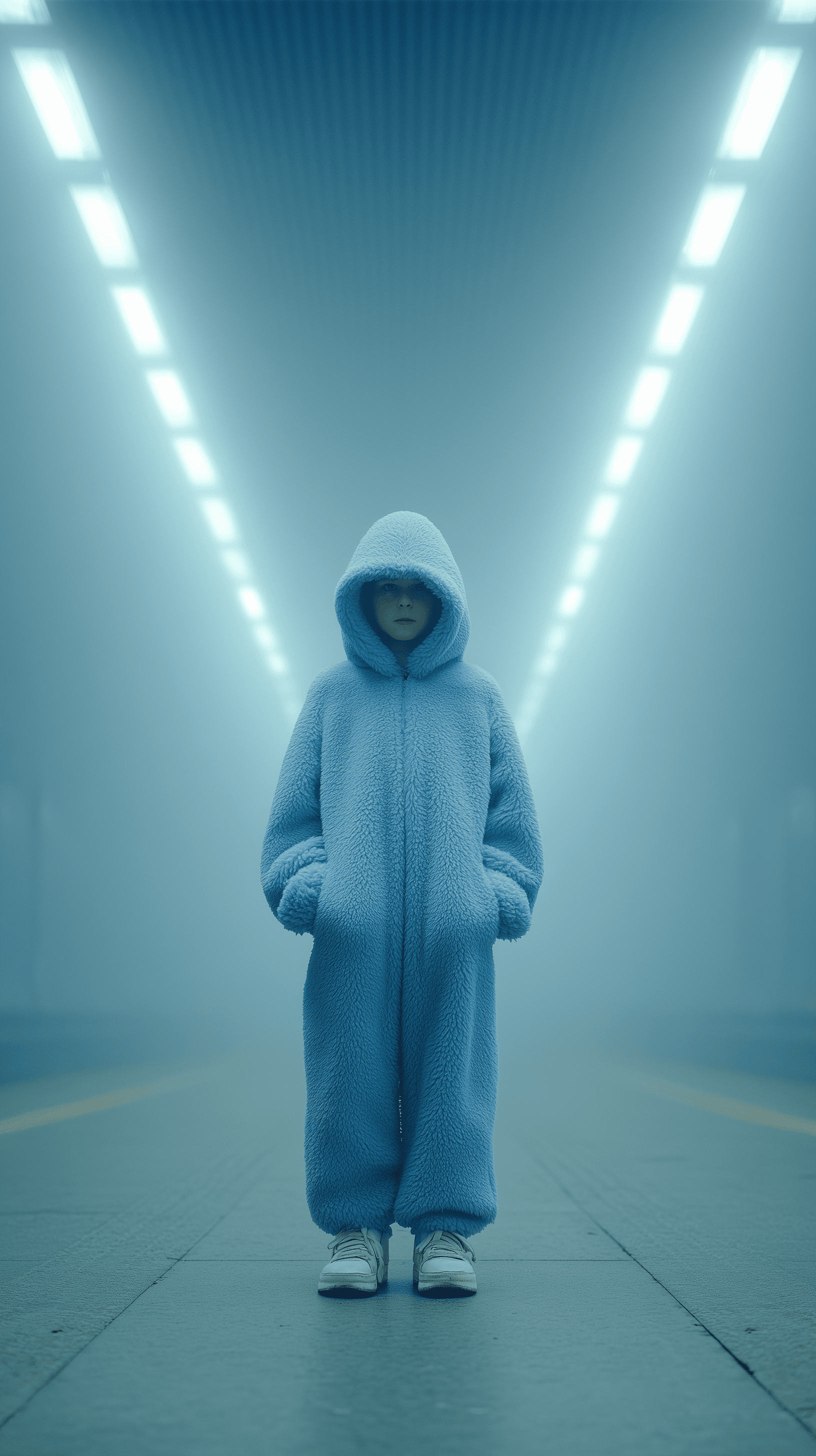 AI generated: high resolution photography, mysterious little boy, full-body shot, gaze, front central view, wearin...