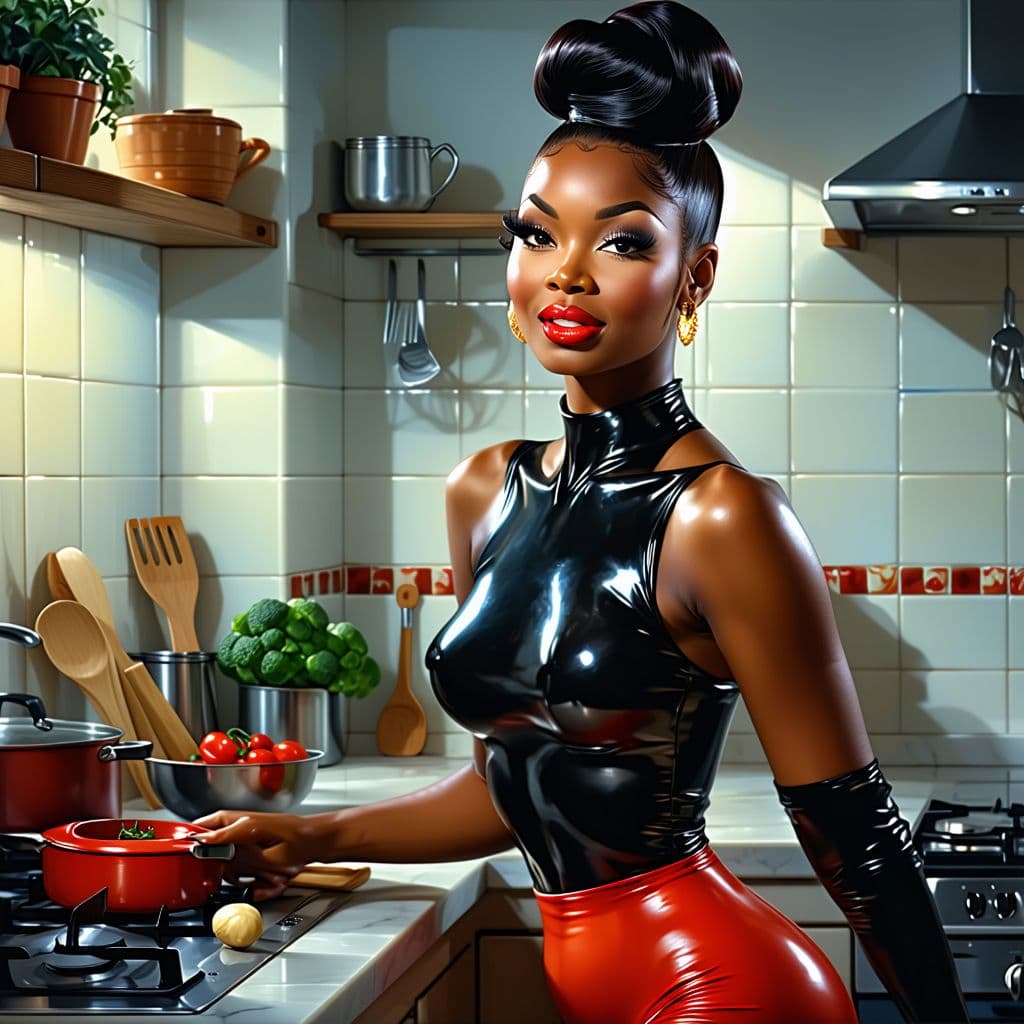 AI generated: 1955,  pin up transexual, in a kitchen,cooking,homoerotic ,shiny, sassy facial expressions, Ethiopia...