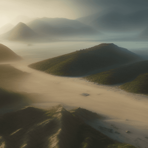 AI generated: realistic picture, upplight, fresh battlefield, battle dystopian, battle aftermath, dirt road, sea t...