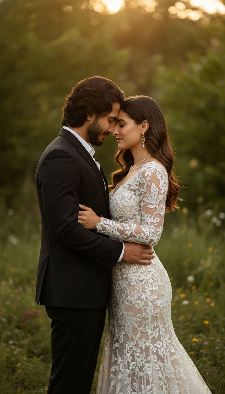 AI generated: A couple stands closely together in an intimate pose, surrounded by natural greenery. The man has a ...