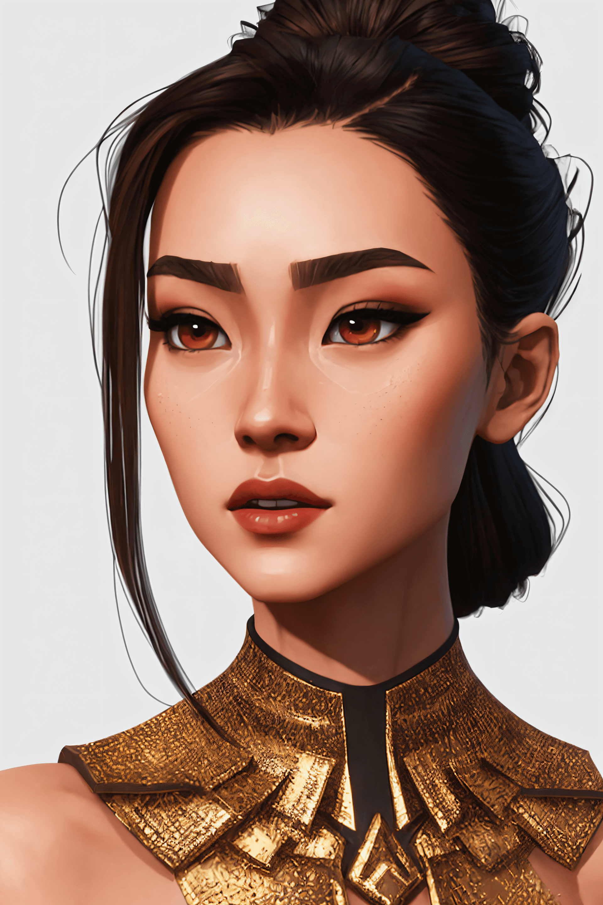 AI generated: arcane style, sam yang, long-haired girl in a sleek bun, natural background, headshot portrait, beau...