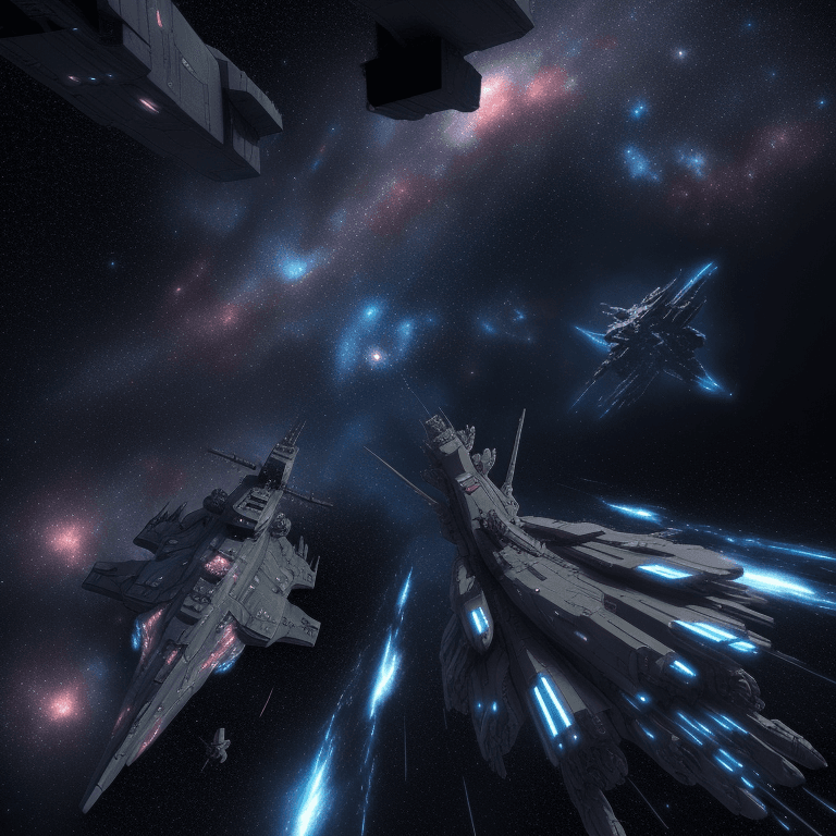 AI generated: Cinematic Still, intense space battle between two massive battleships, starry sky, nebulae, galaxies...