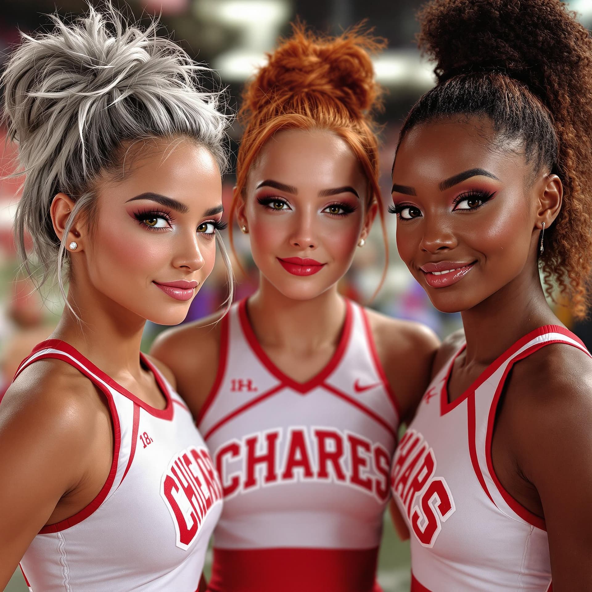 AI generated: A picture of 3 18 year old cheerleaders, the oufit features the colors red and white. One cheerleade...