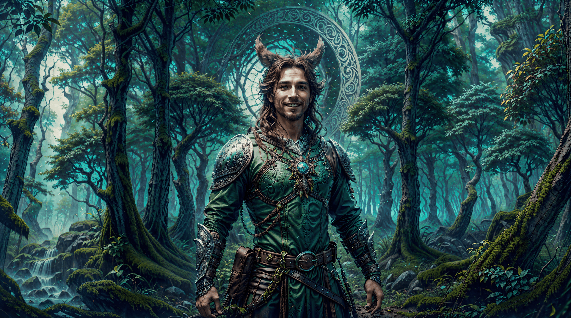 AI generated: closeup image of a male druid, in leather armor, standing on a tree branch, nature spell fantasy00d,...
