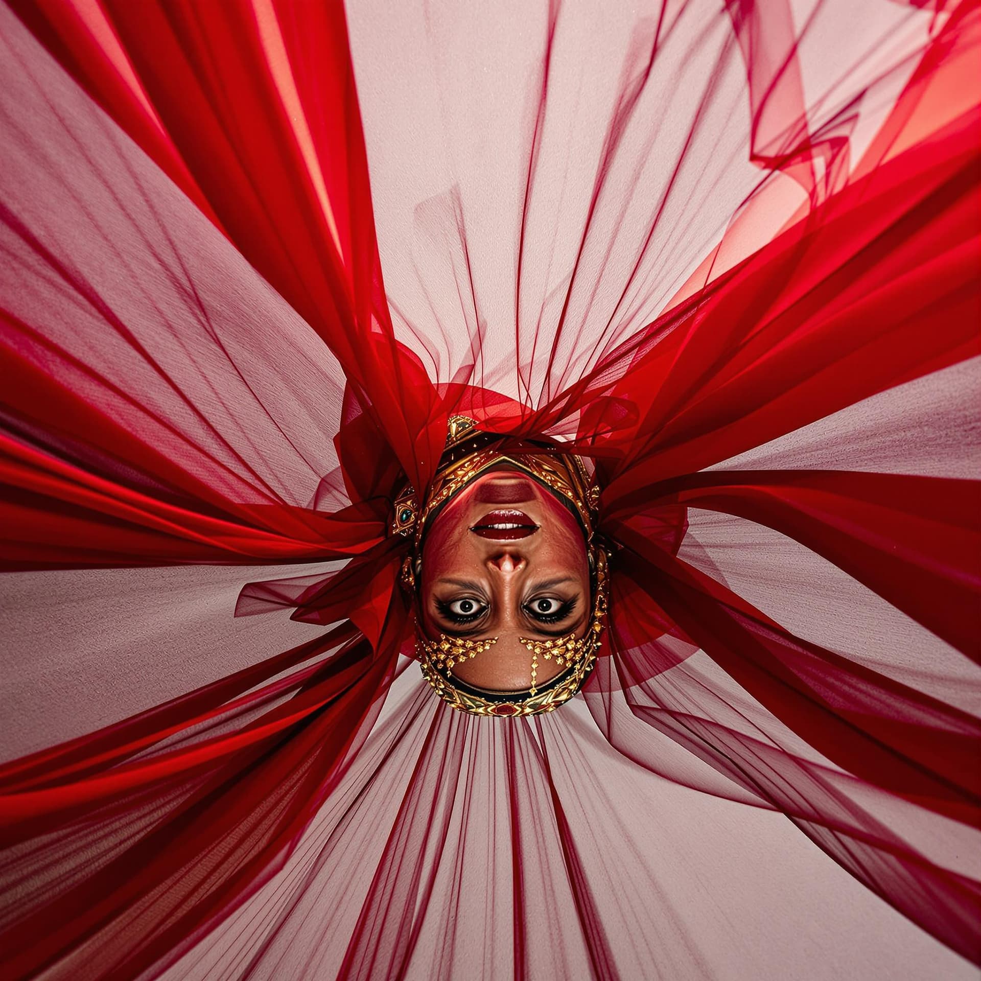 AI generated: Fashion photograph in the style of “bug’s-eye view” of a beautiful 45yo old Indian women wearing flo...