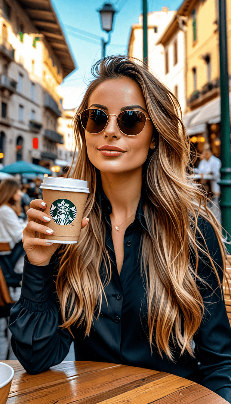 AI generated: A photo of a beautiful Italian girl, sosmed influencer, 
sitting at an outdoor café table, holding ...