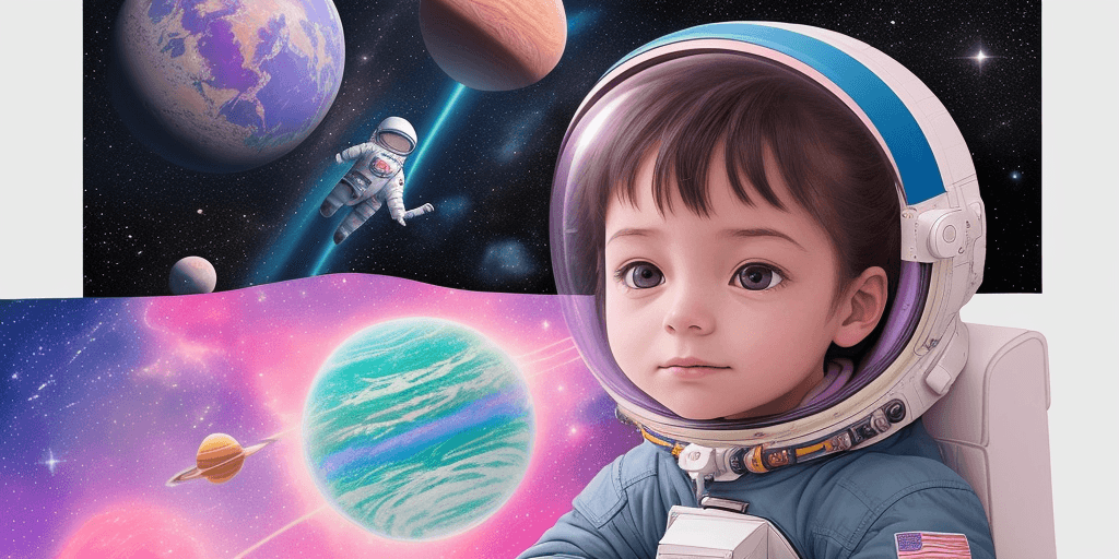 AI generated: A child thinking and dreaming of going to space, the image should be two-dimensional and like childr...