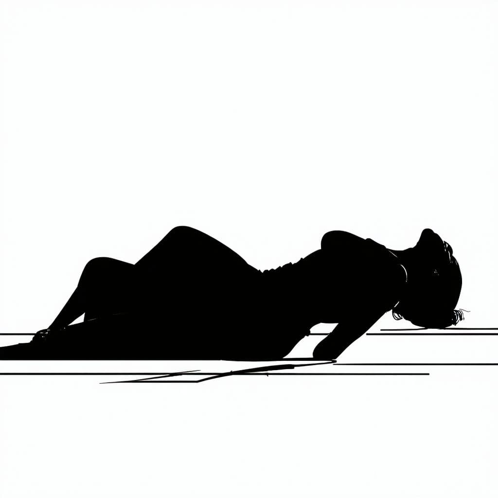 AI generated: "A minimalistic line-art sketch of a human figure, wearing a black dress, lying flat on their front ...