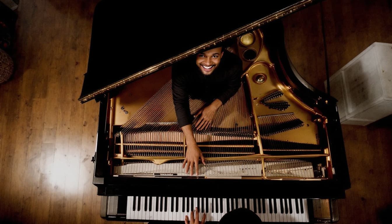 AI generated: A musician in a black shirt and hat plays a grand piano from an overhead perspective. The rich golde...
