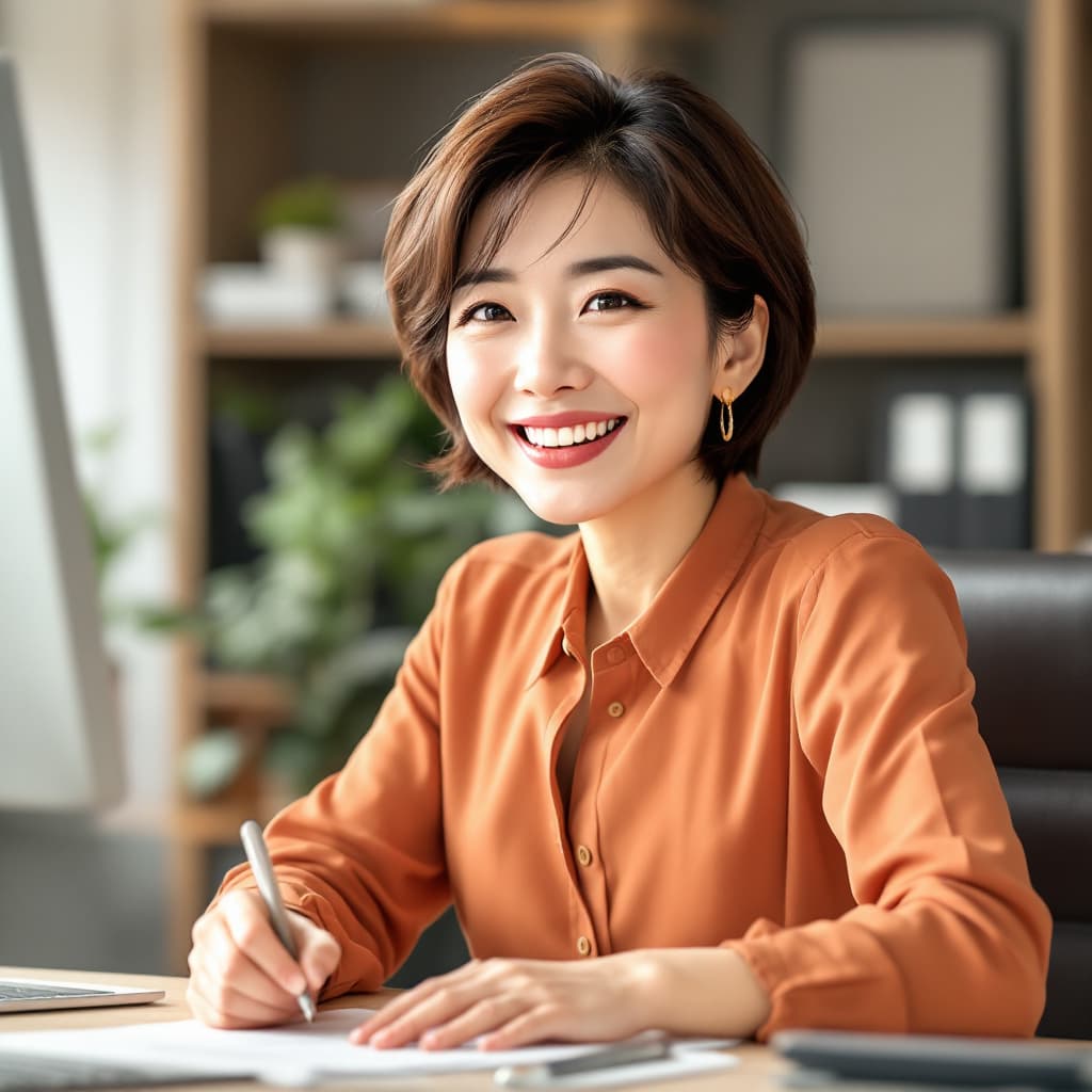 AI generated: 　　 Japanese  female ,Short brown short cut hair charismatic but soft smiling woman in her 50s. Seen ...